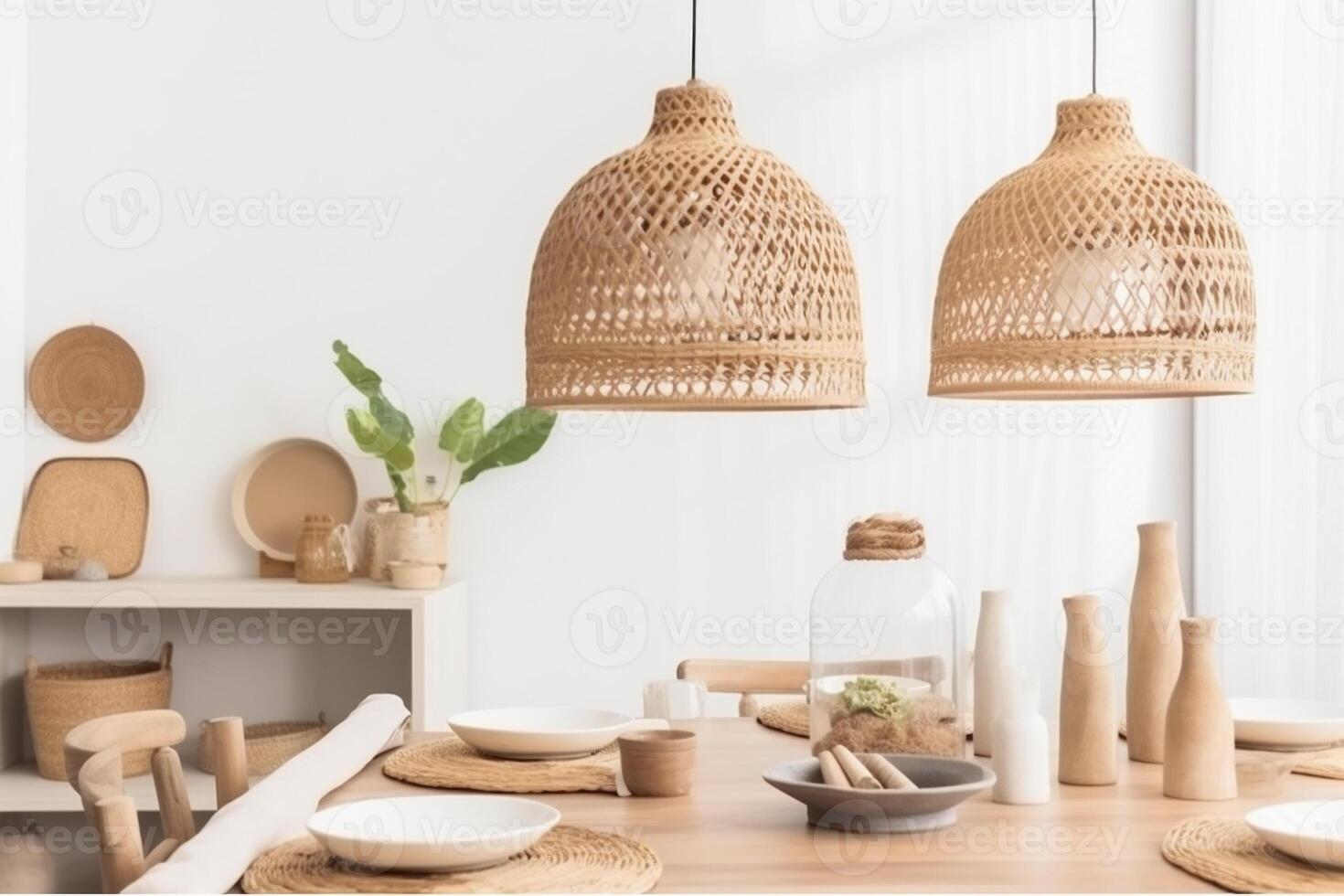 ai generiert drinnen Boho Stil Essen Zimmer foto