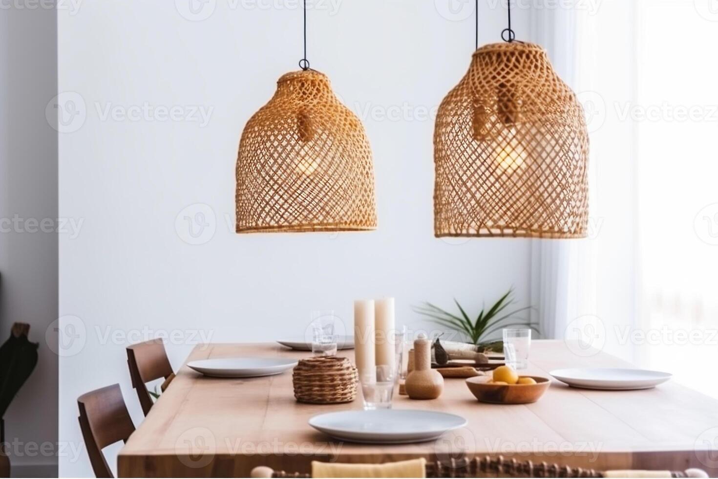 ai generiert drinnen Boho Stil Essen Zimmer foto