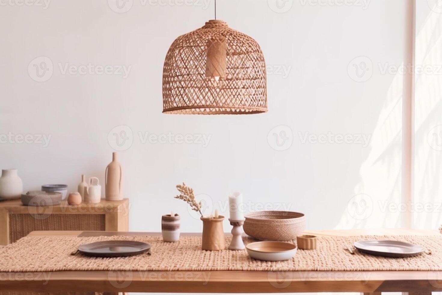 ai generiert drinnen Boho Stil Essen Zimmer foto