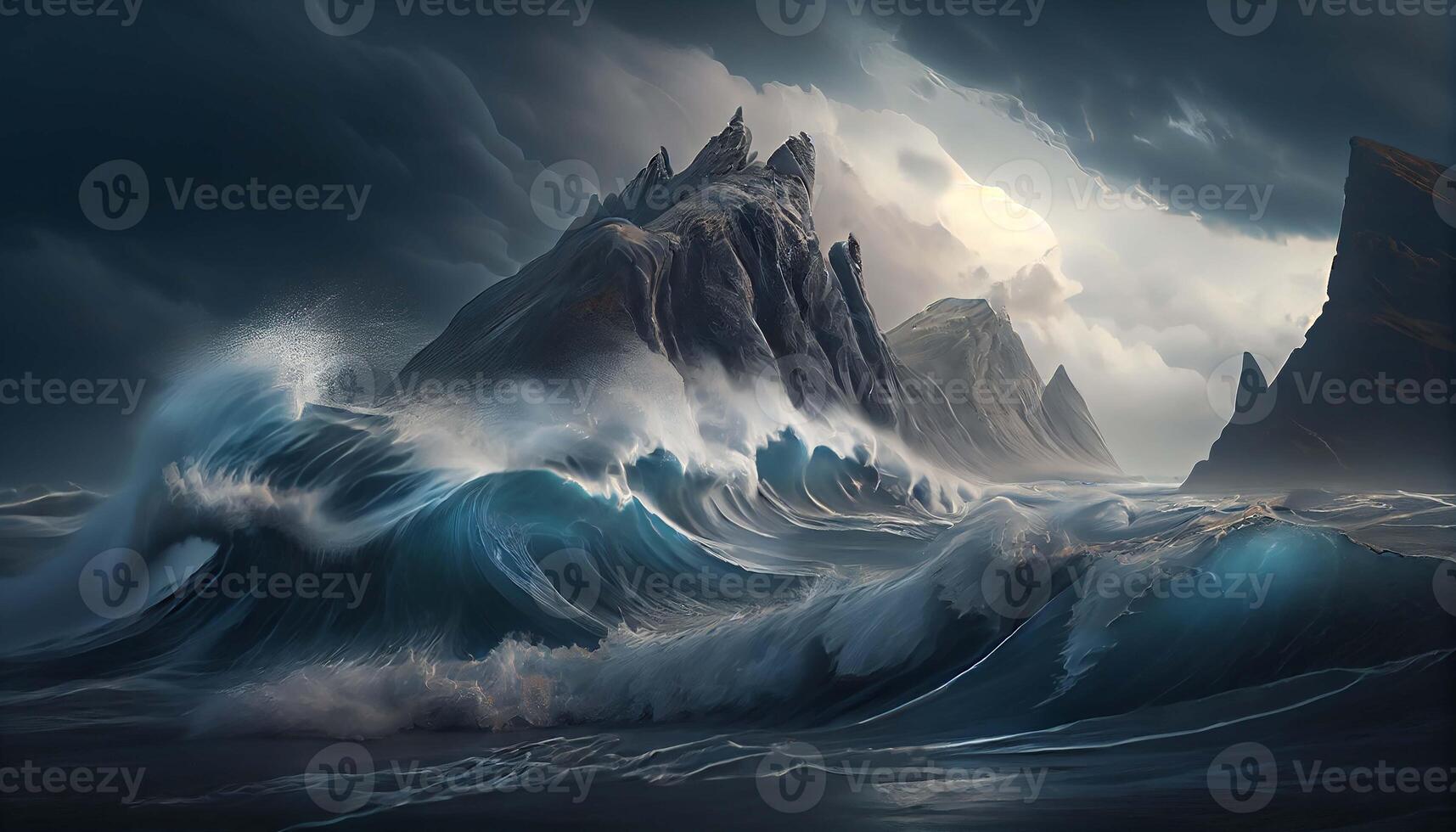groß Sturm beim Meer. Wellen Absturz gegen das Felsen. Fantastisch Meer Sicht. generativ ai. foto