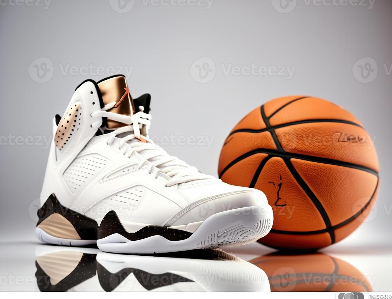 Sport Schuhe und ein Basketball auf Weiß Tasche rund, kommerziell Foto, generativ ai foto