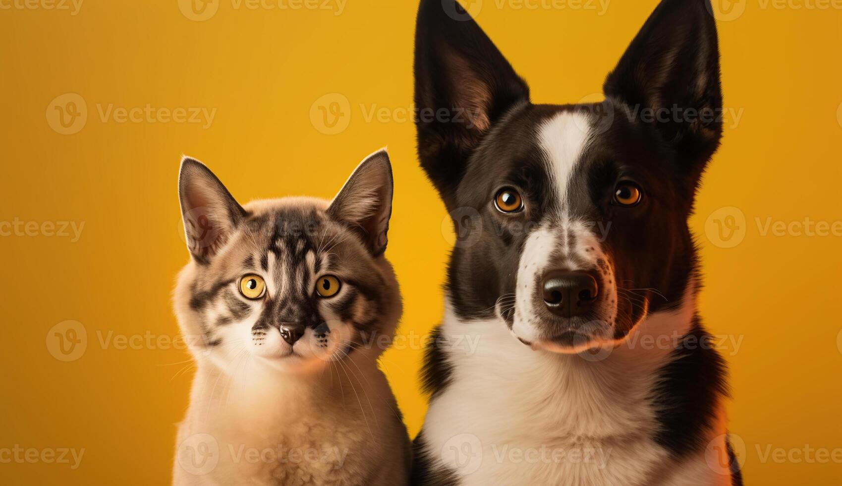 Porträt von ein Katze und Hund im Vorderseite von hell Gelb Hintergrund, generativ ai foto