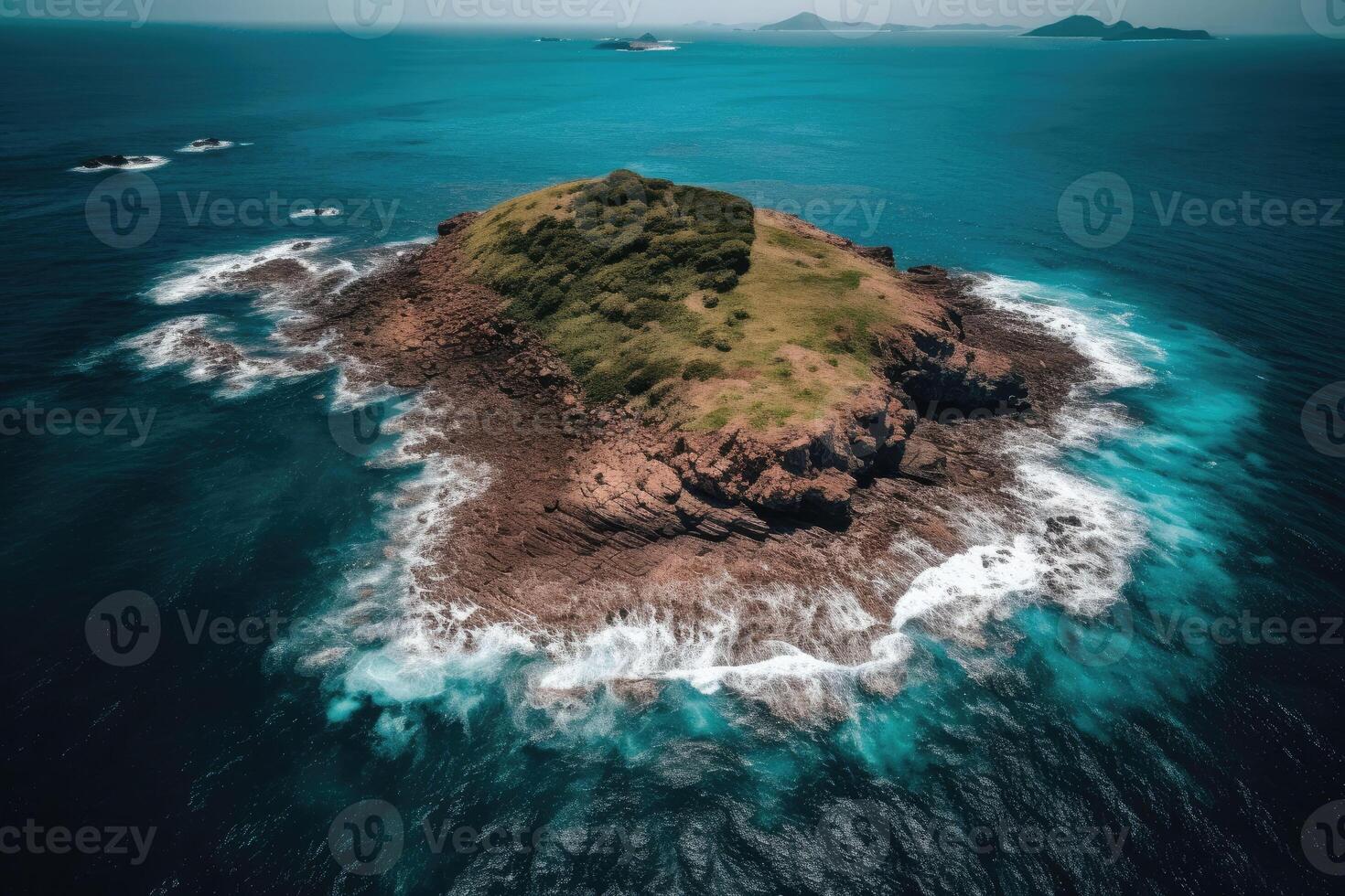 ein tropisch Insel im das Mitte von das Ozean. oben Sicht. Grün Palme Bäume und Strand auf das Insel. generativ ai foto