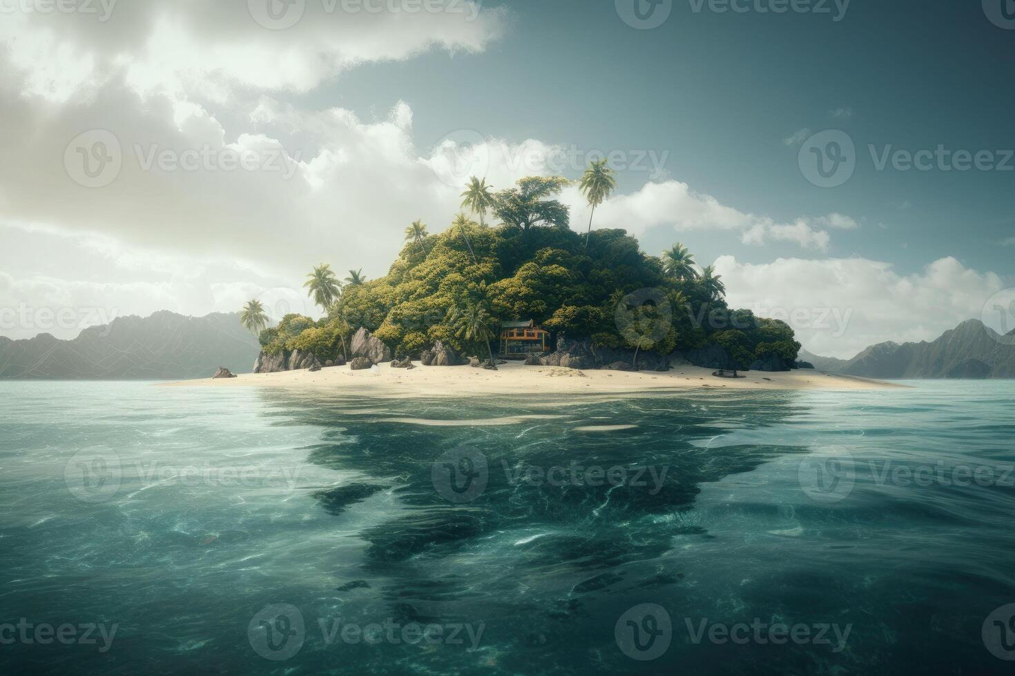 ein tropisch Insel im das Mitte von das Ozean. Grün Palme Bäume und Strand auf das Insel. generativ ai foto