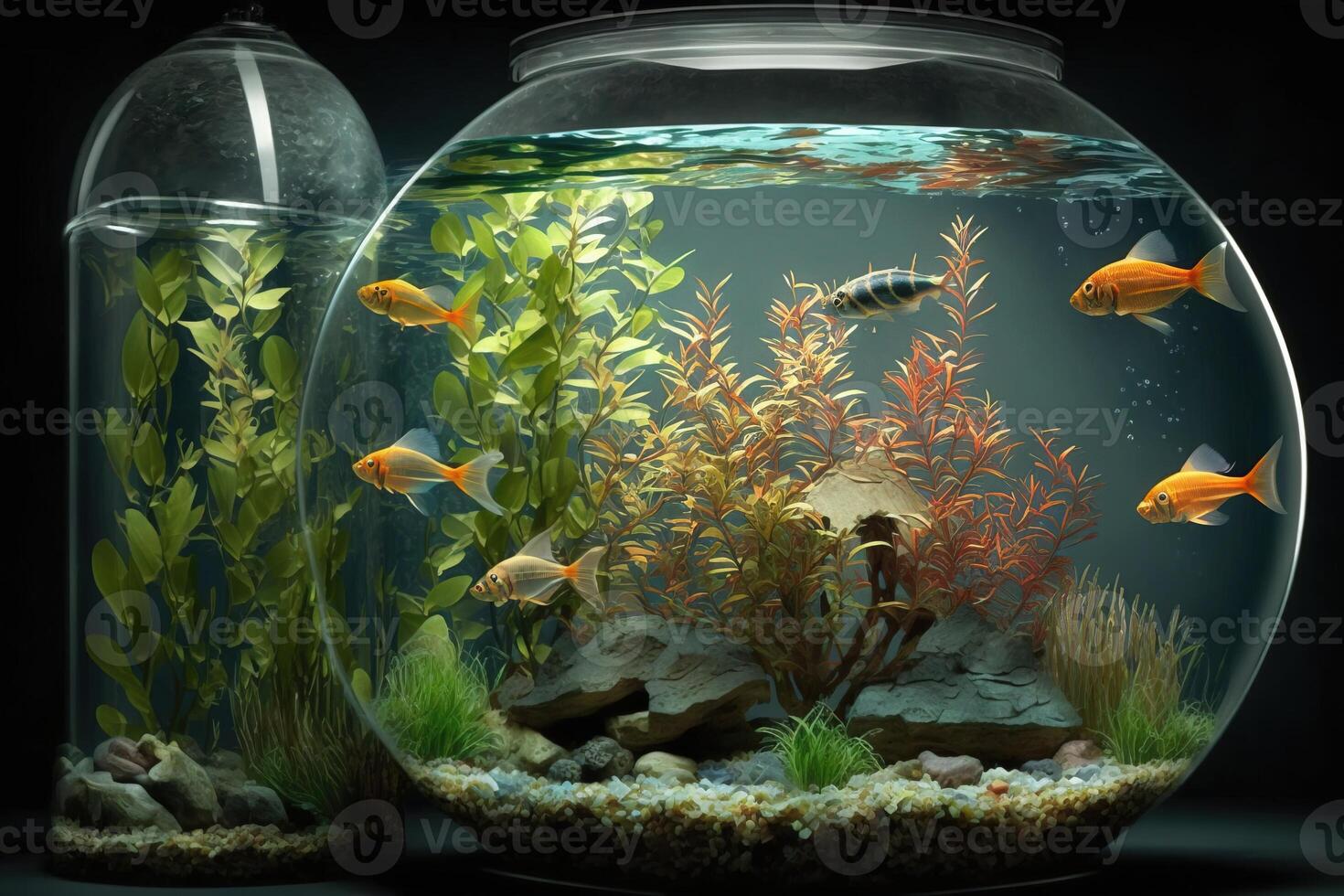 exotisch klein Fisch im ein Aquarium mit Korallen und Algen im Blau Wasser auf ein dunkel gewonnen. ai generiert. foto