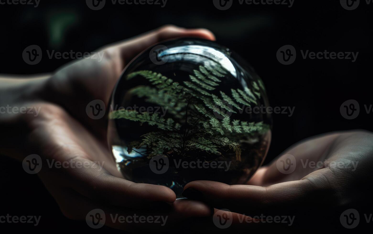 Erdkern inspiriert Hand halten Terrarium Globus, Blatt, Grün und Schwarz, Umwelt Bewusstsein, authentisch Bilder. generativ ai foto