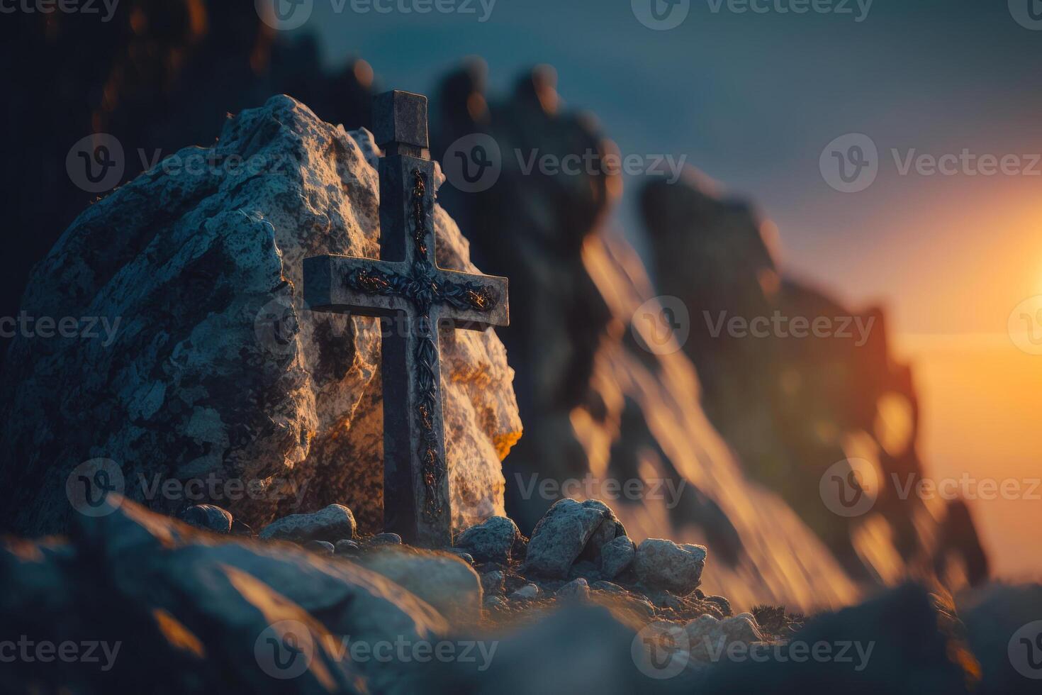 Stein Kreuz mit Sonne Licht, göttlich Licht generativ ai foto