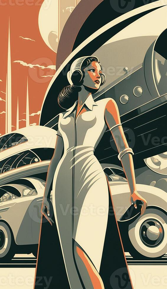 Illustration von Frau mit Zukunft Technologie im retro futuristisch 30er Jahre Stil Poster ,generativ ai foto