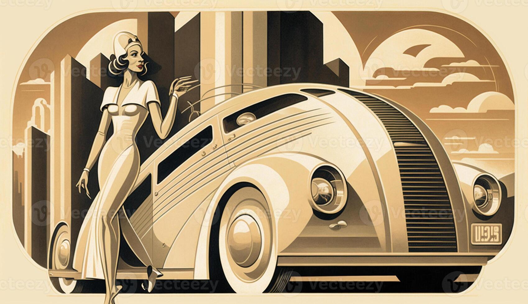 Illustration von Frau und Transport mit Zukunft Technologie im retro futuristisch 30er Jahre Stil Poster ,generativ ai foto