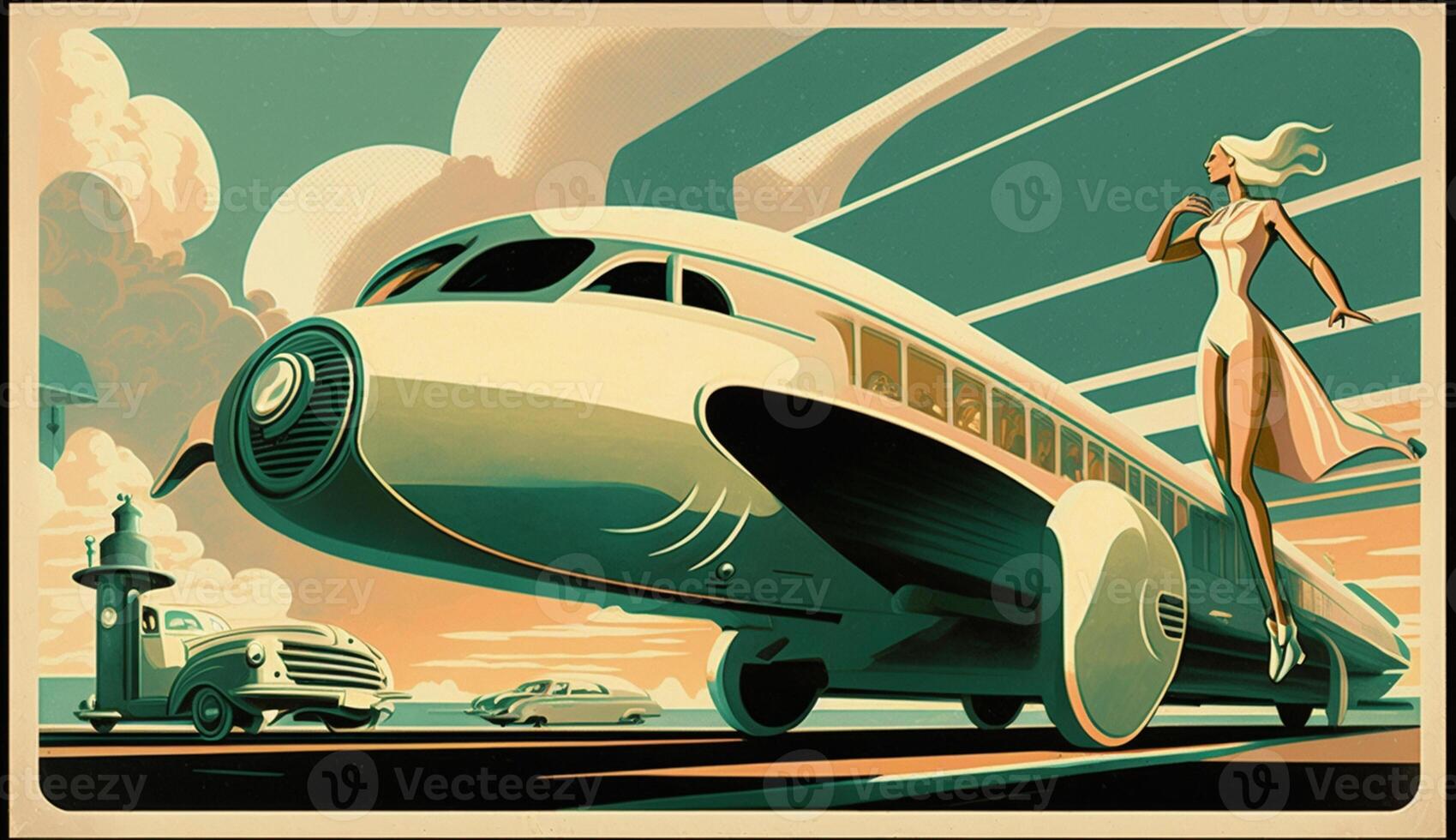 Illustration von Frau und Transport mit Zukunft Technologie im retro futuristisch 30er Jahre Stil Poster ,generativ ai foto