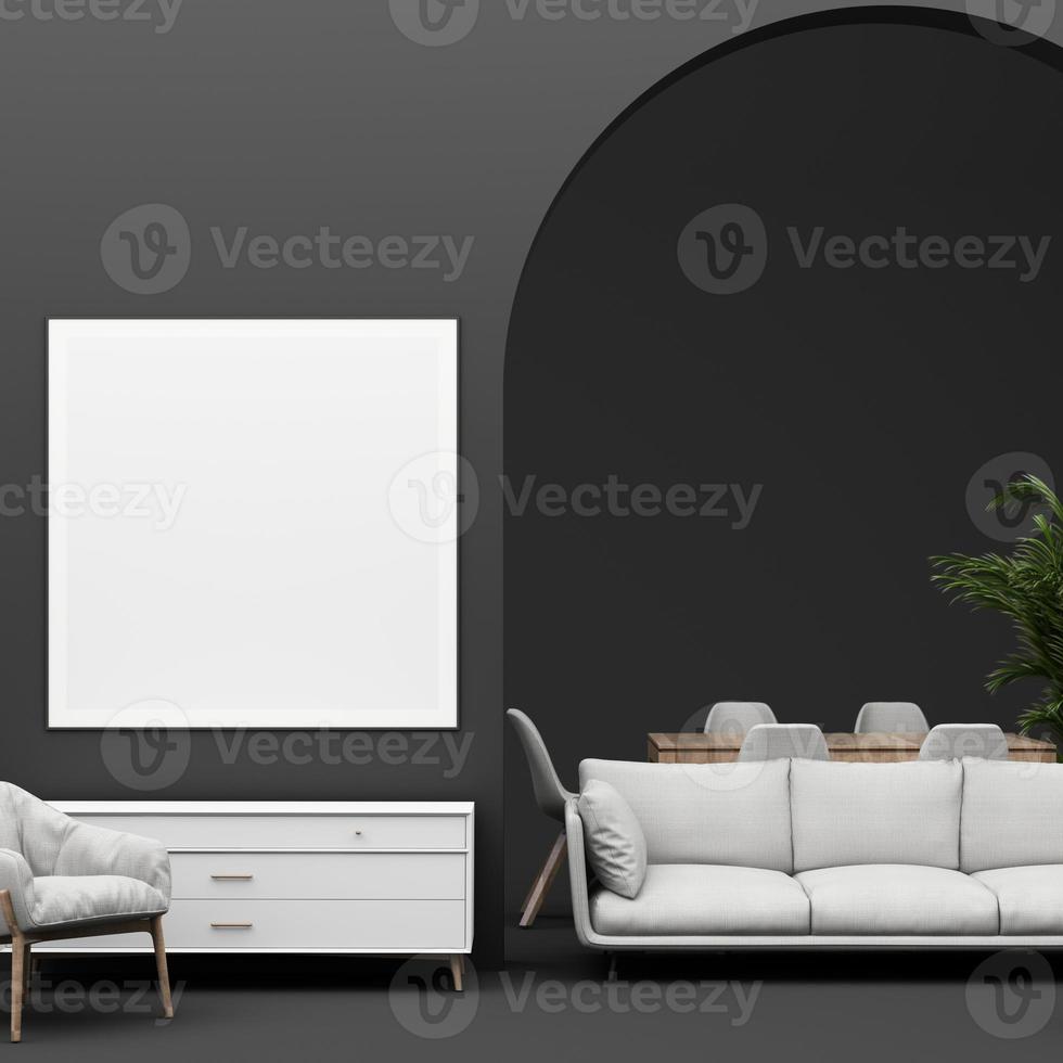 Innere Design Konzept Verkauf von Zuhause Dekorationen und Möbel während Aktionen und Rabatte, umgeben durch Betten, Sofas, Sessel und Werbung Räume Banner. schwarz Hintergrund. 3d Rendern foto