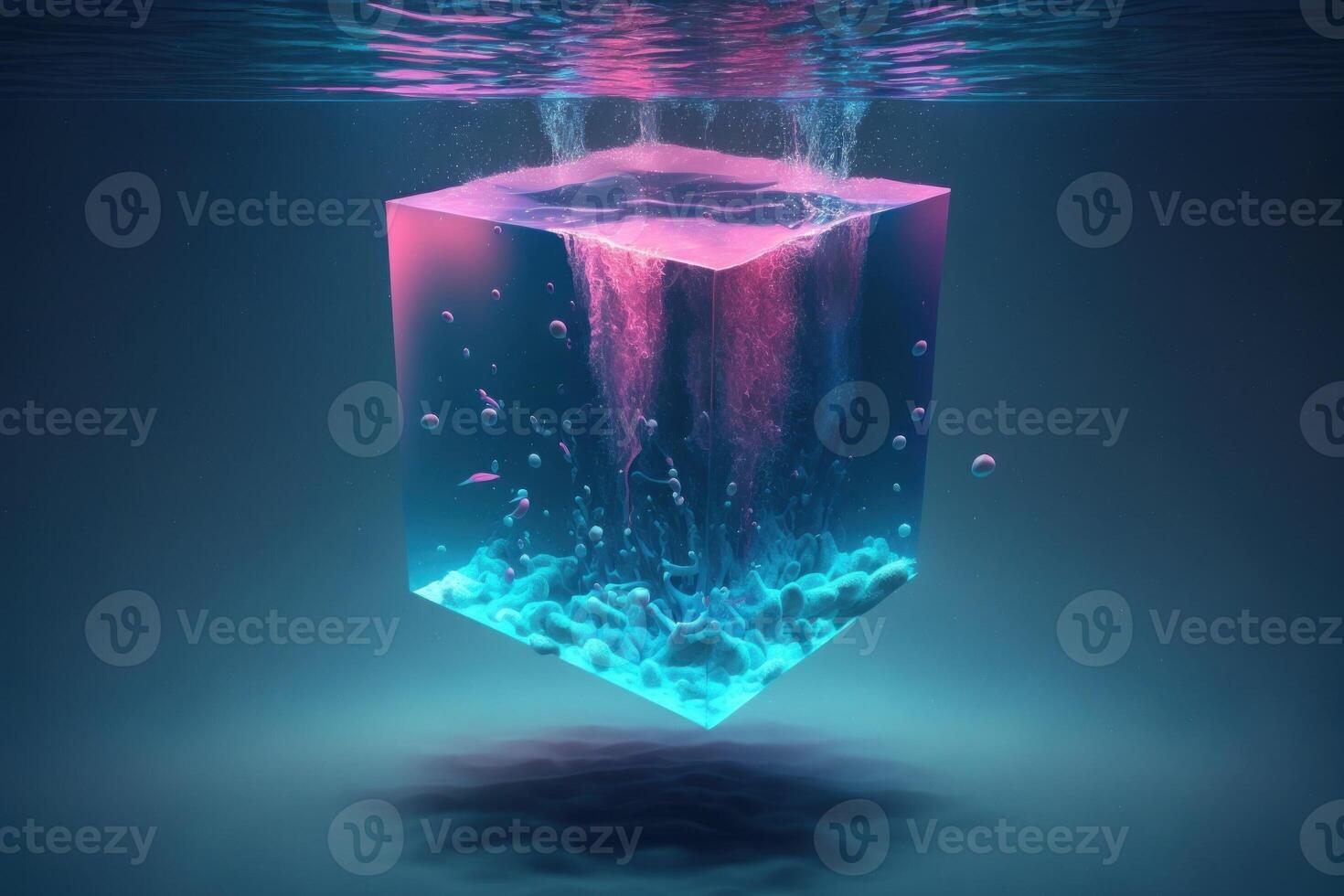 ein Würfel mit ein Blau und Rosa Hintergrund unter das Wasser. Dampf Welle Hintergrund. ai generiert foto