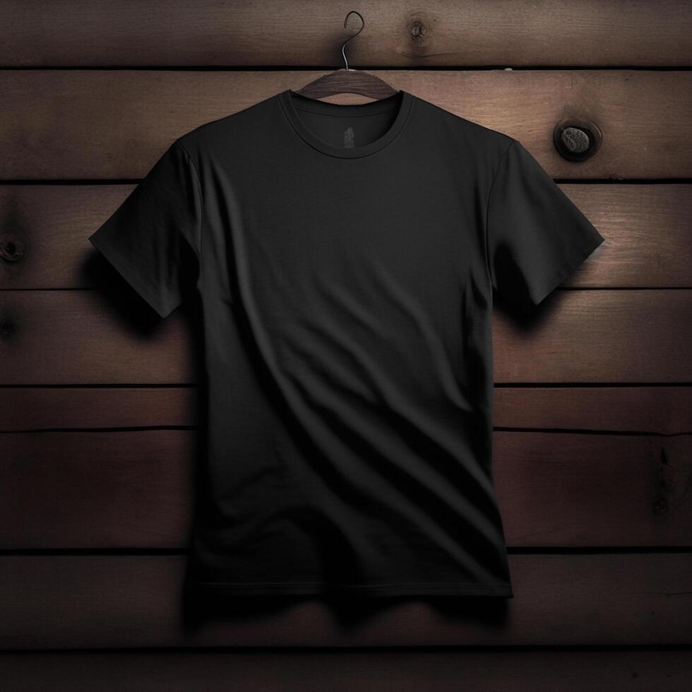 leer schwarz T-Shirt auf ein hölzern Oberfläche, generativ ai foto