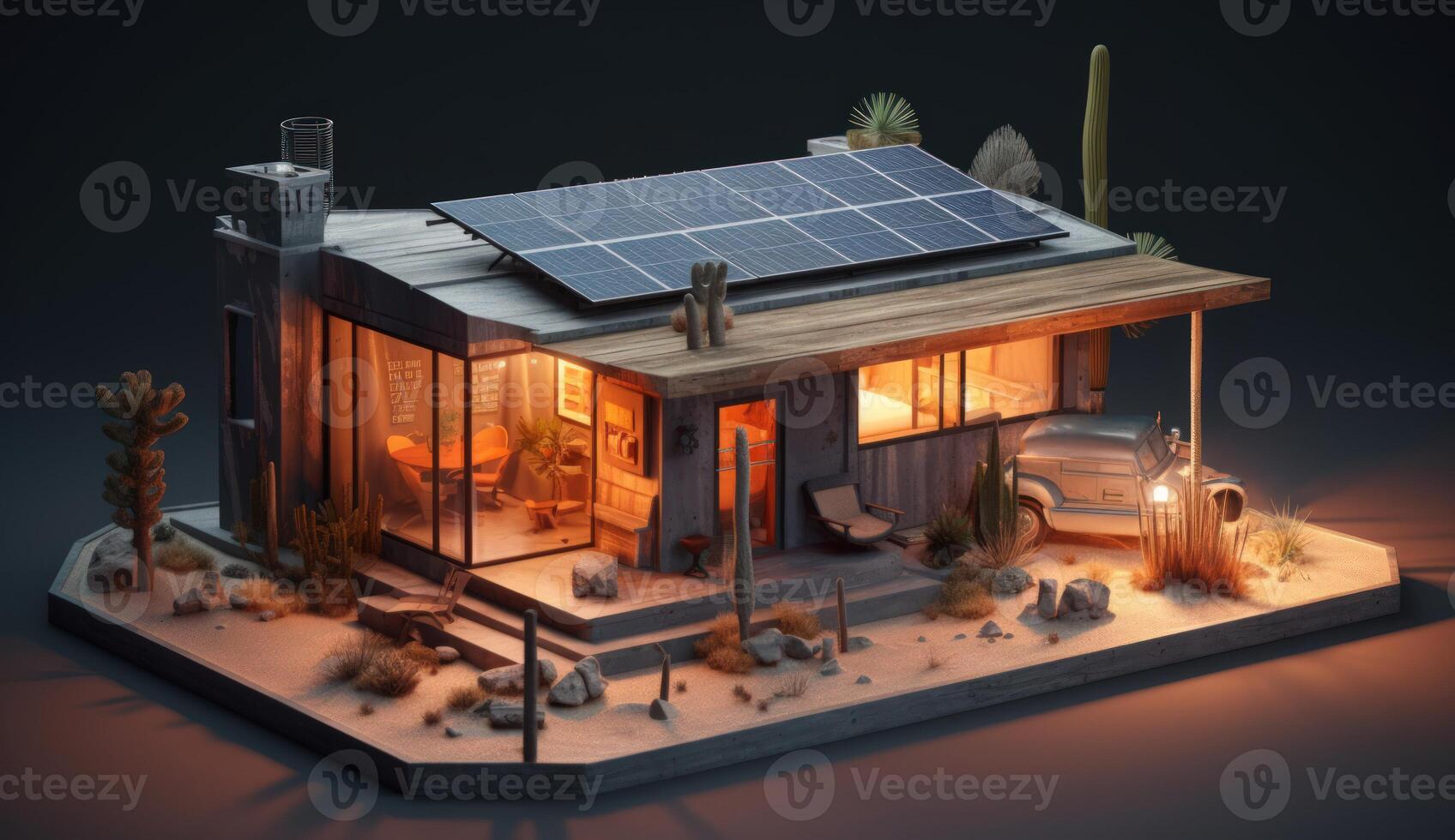 fotorealistisch Fantasie Haus im das Wüste, ausgestattet mit Solar- Paneele zum nachhaltig Energie Lösungen. generativ ai foto
