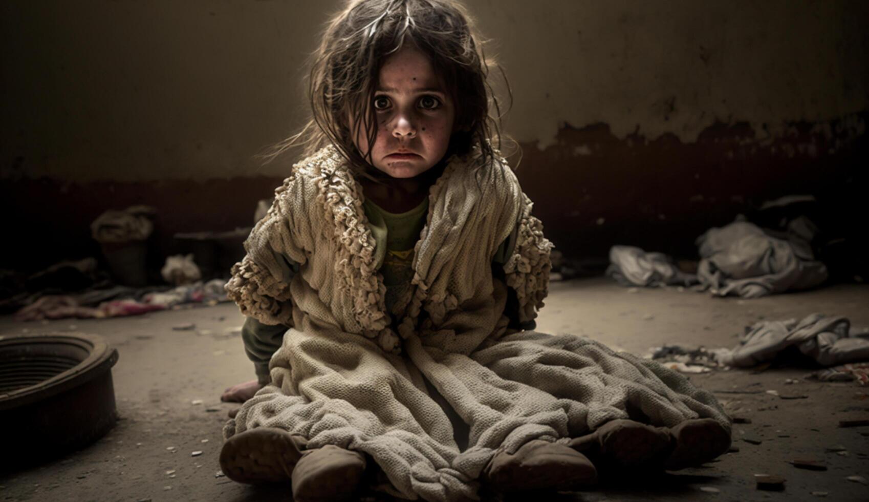 obdachlos Kinder von Krieg die Opfer, klein Kinder mit traurig Ausdrücke, generativ ai foto