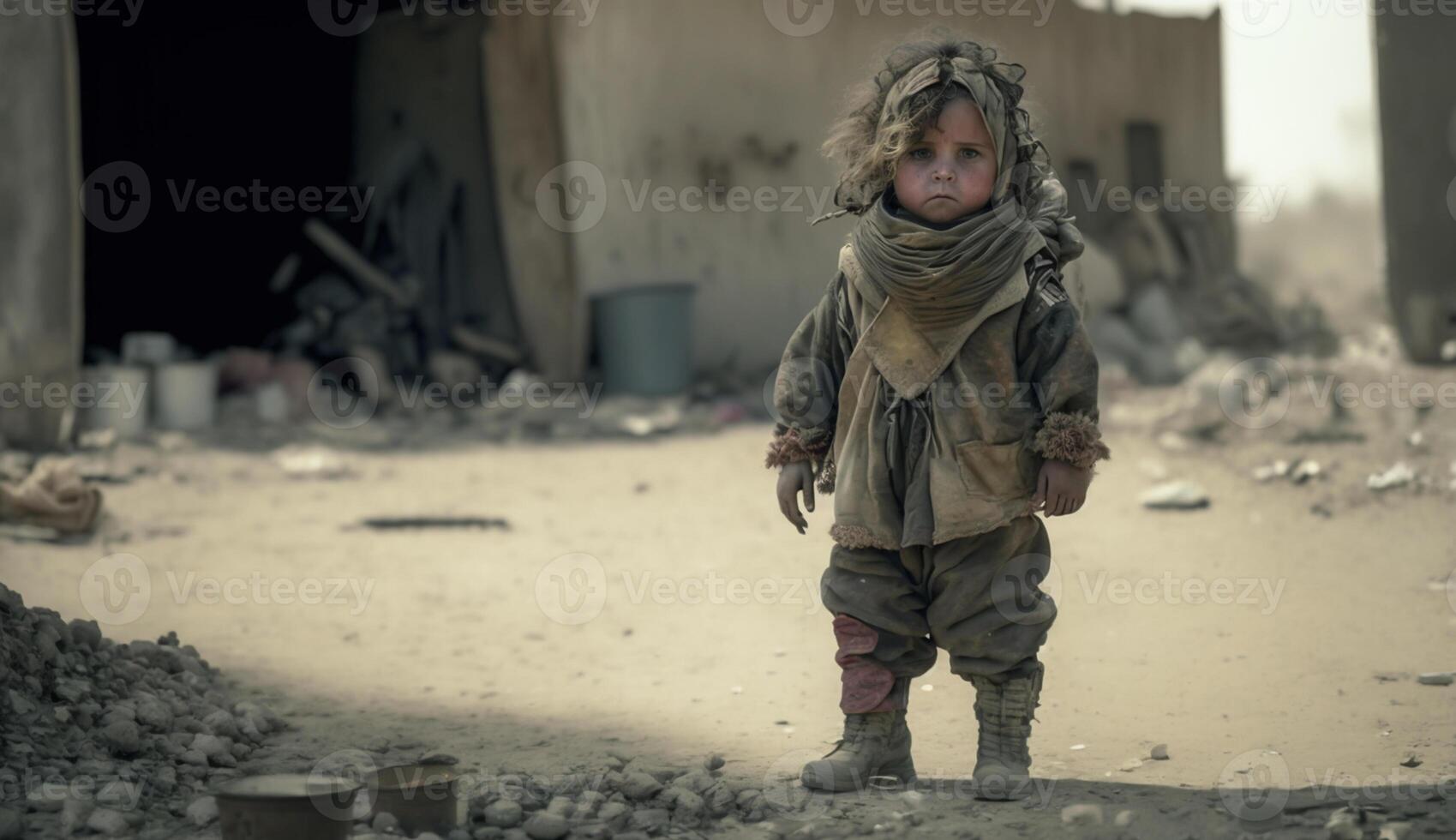 obdachlos Kinder von Krieg die Opfer, klein Kinder mit traurig Ausdrücke, generativ ai foto