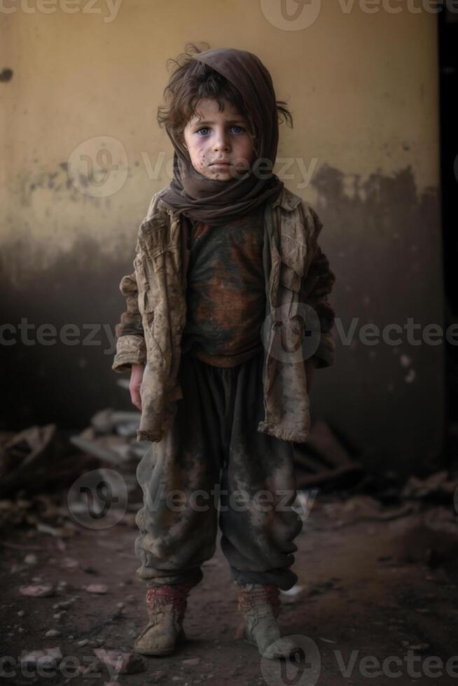 obdachlos Kinder von Krieg die Opfer, klein Kinder mit traurig Ausdrücke, generativ ai foto