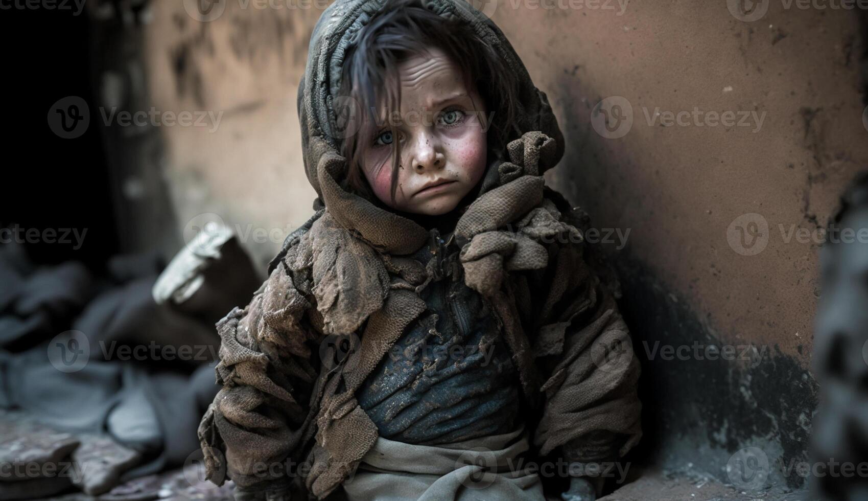 obdachlos Kinder von Krieg die Opfer, klein Kinder mit traurig Ausdrücke, generativ ai foto