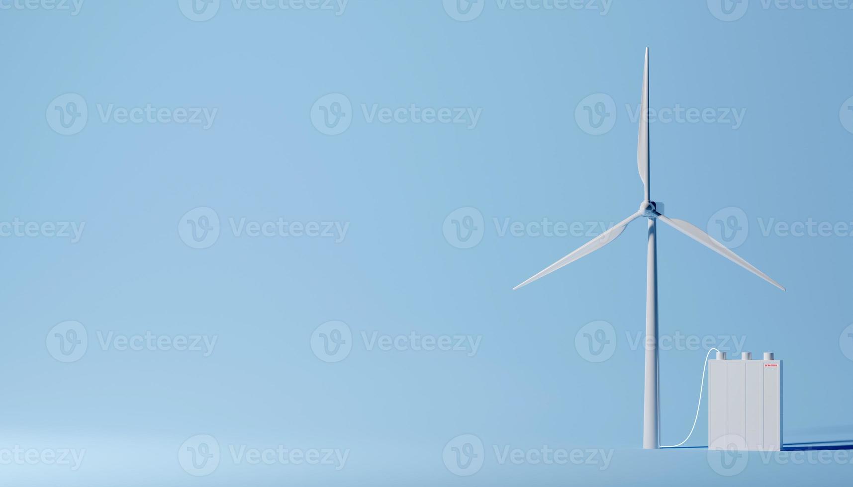 Konzept von Grün Energie. Windmühle oder Wind Turbine mit Batterie auf Blau Hintergrund. 3d Illustration foto