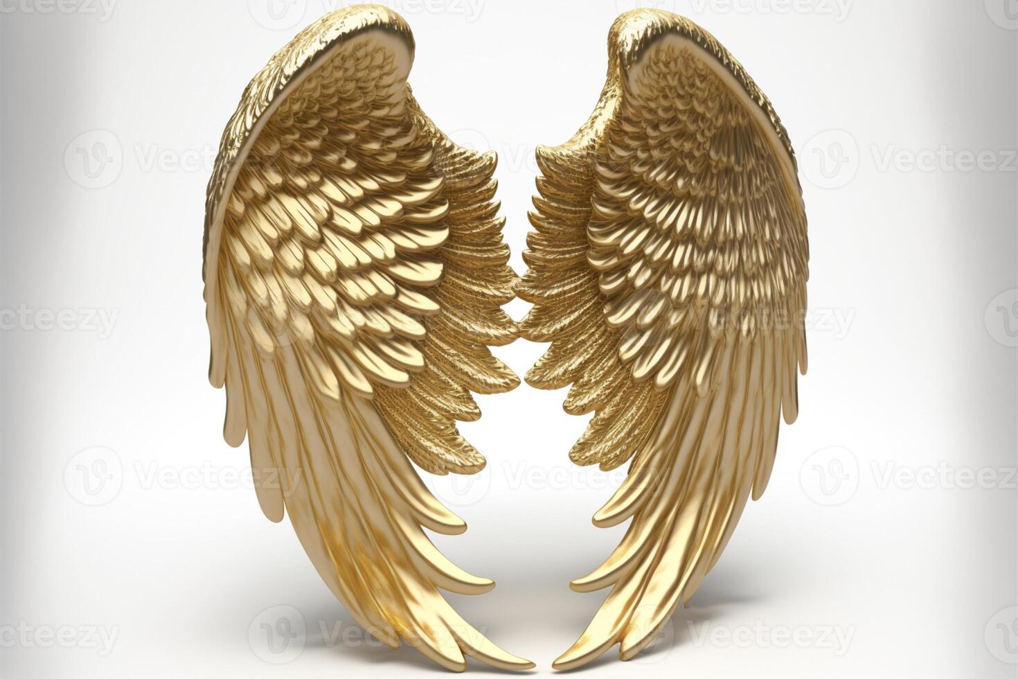 vergoldet Engel Flügel auf ein Weiß Hintergrund Gold Gefieder. generativ ai foto