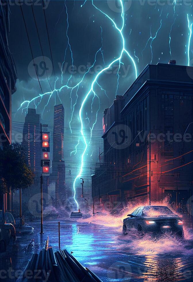 Auto Fahren durch ein überflutet Stadt beim Nacht. generativ ai. foto