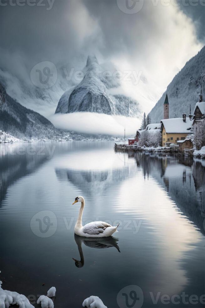 Weiß Schwan schwebend auf oben von ein Körper von Wasser. generativ ai. foto