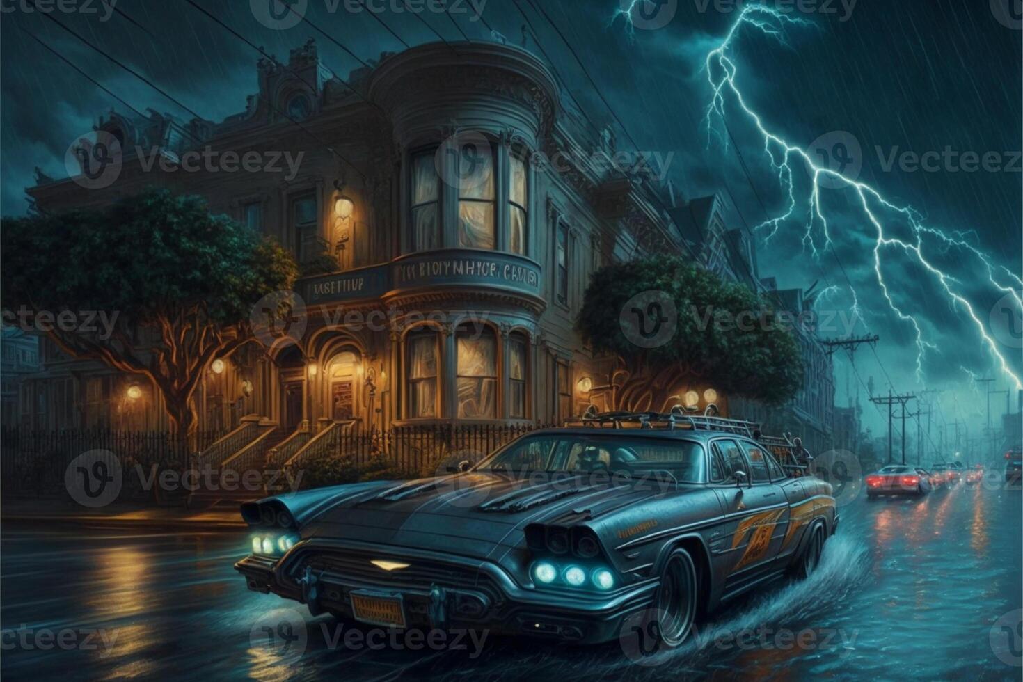 Gemälde von ein Auto Fahren im das Regen. generativ ai. foto