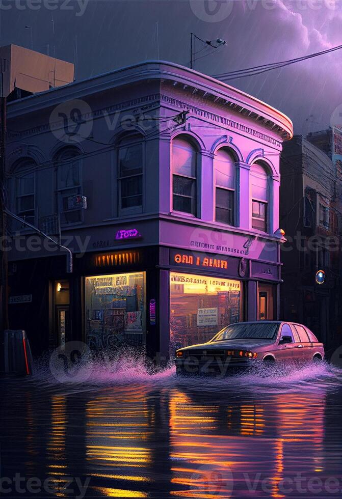 Auto ist Fahren durch ein überflutet Straße. generativ ai. foto