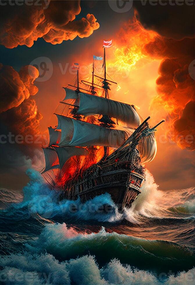 Gemälde von ein Schiff im ein stürmisch Meer. generativ ai. foto