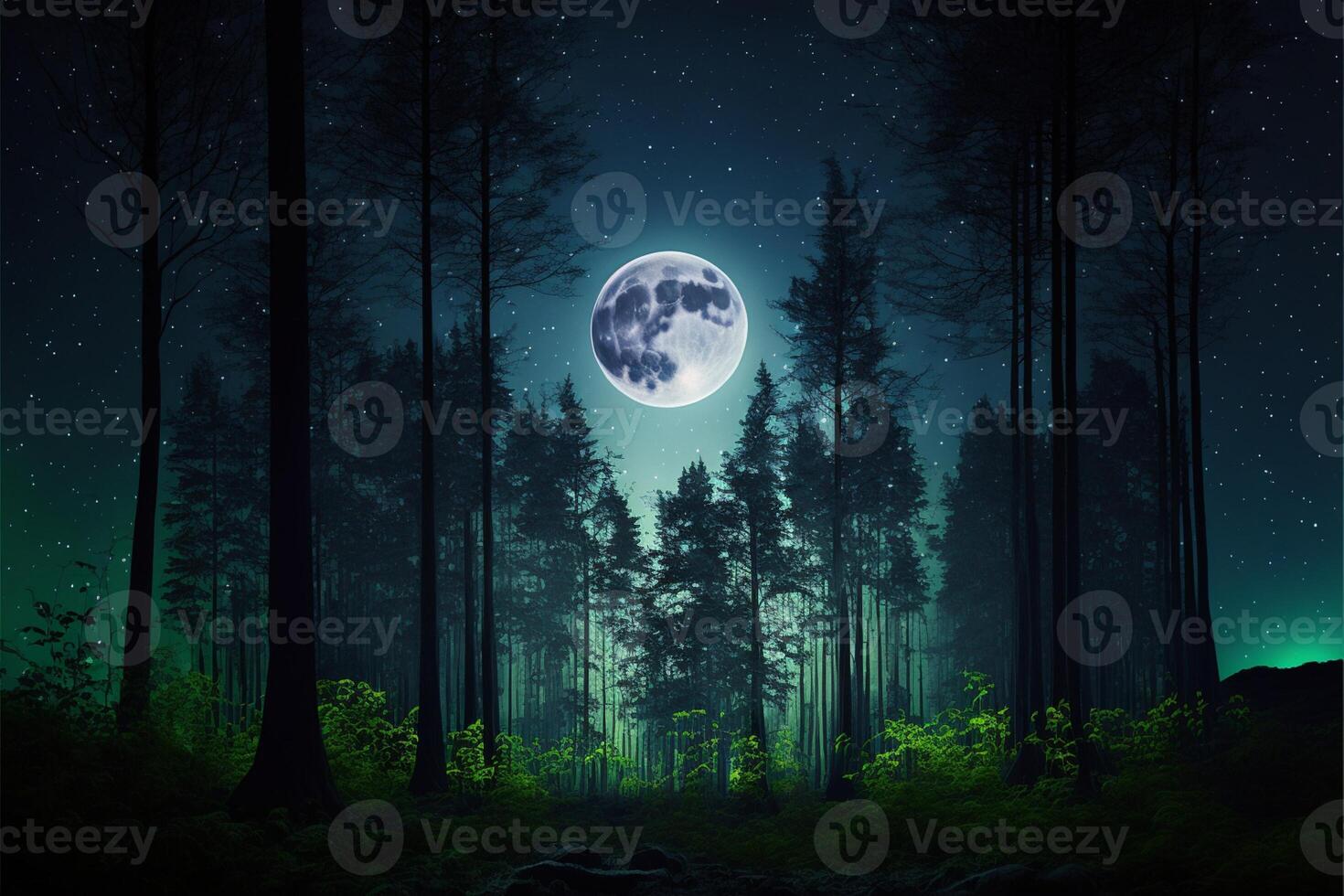 Wald mit Mondaufgang zwischen das Bäume Abend Himmel Mond. generativ ai foto