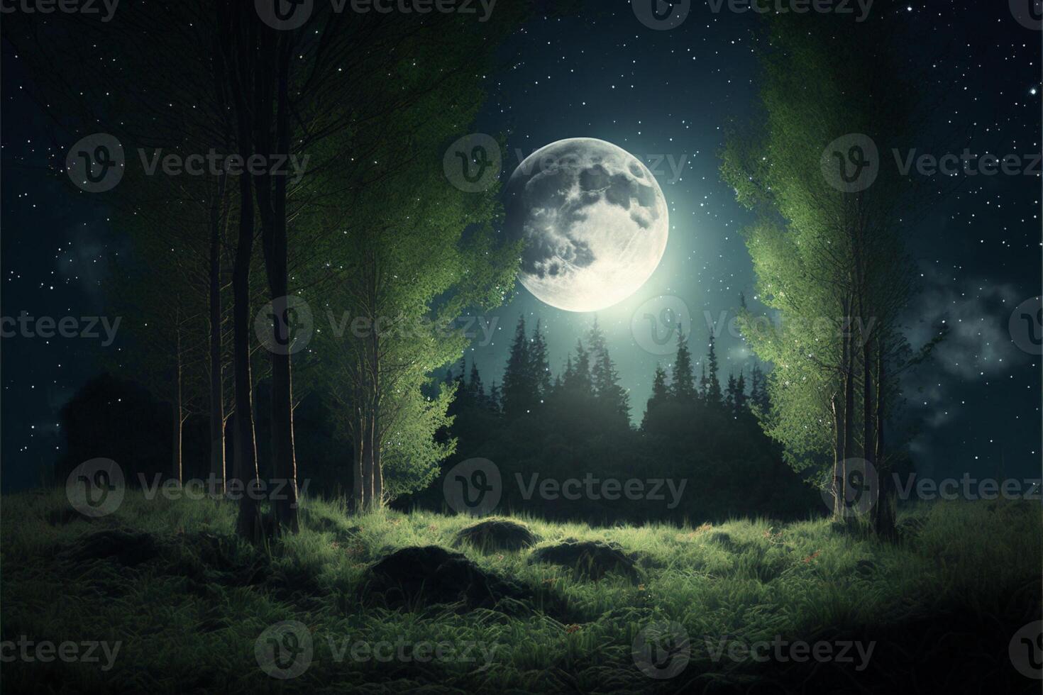 Wald mit Mondaufgang zwischen das Bäume Abend Himmel Mond. generativ ai foto