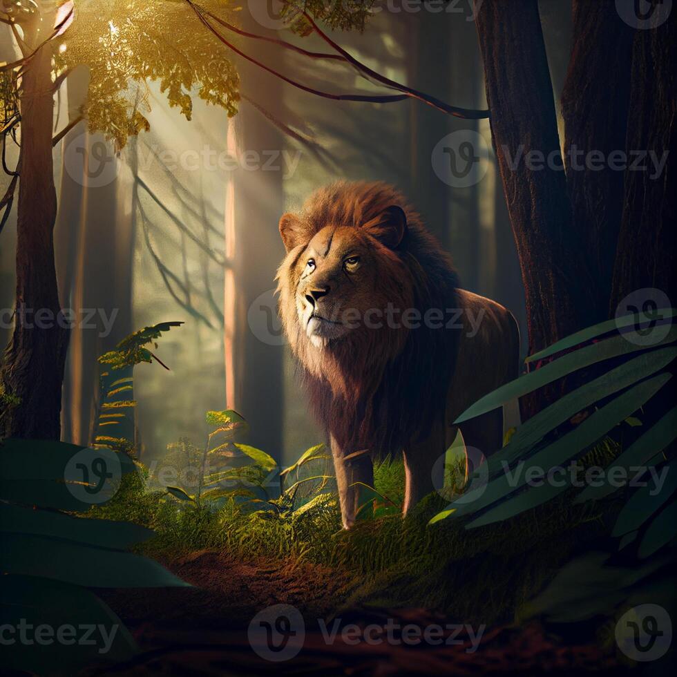 Löwe im das Wald Kino Stil. generativ ai foto