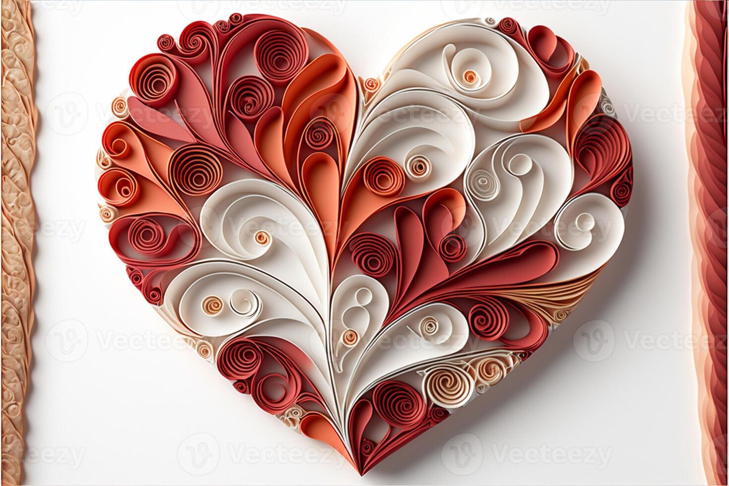 Papier quilling Herz rot und Weiß Weiß Hintergrund. generativ ai foto