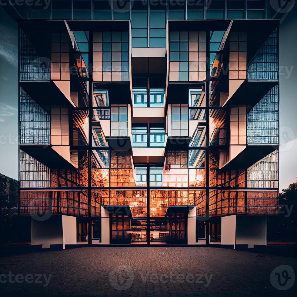 ein Modernist Gebäude mit ein Menge von Fenster. generativ ai foto