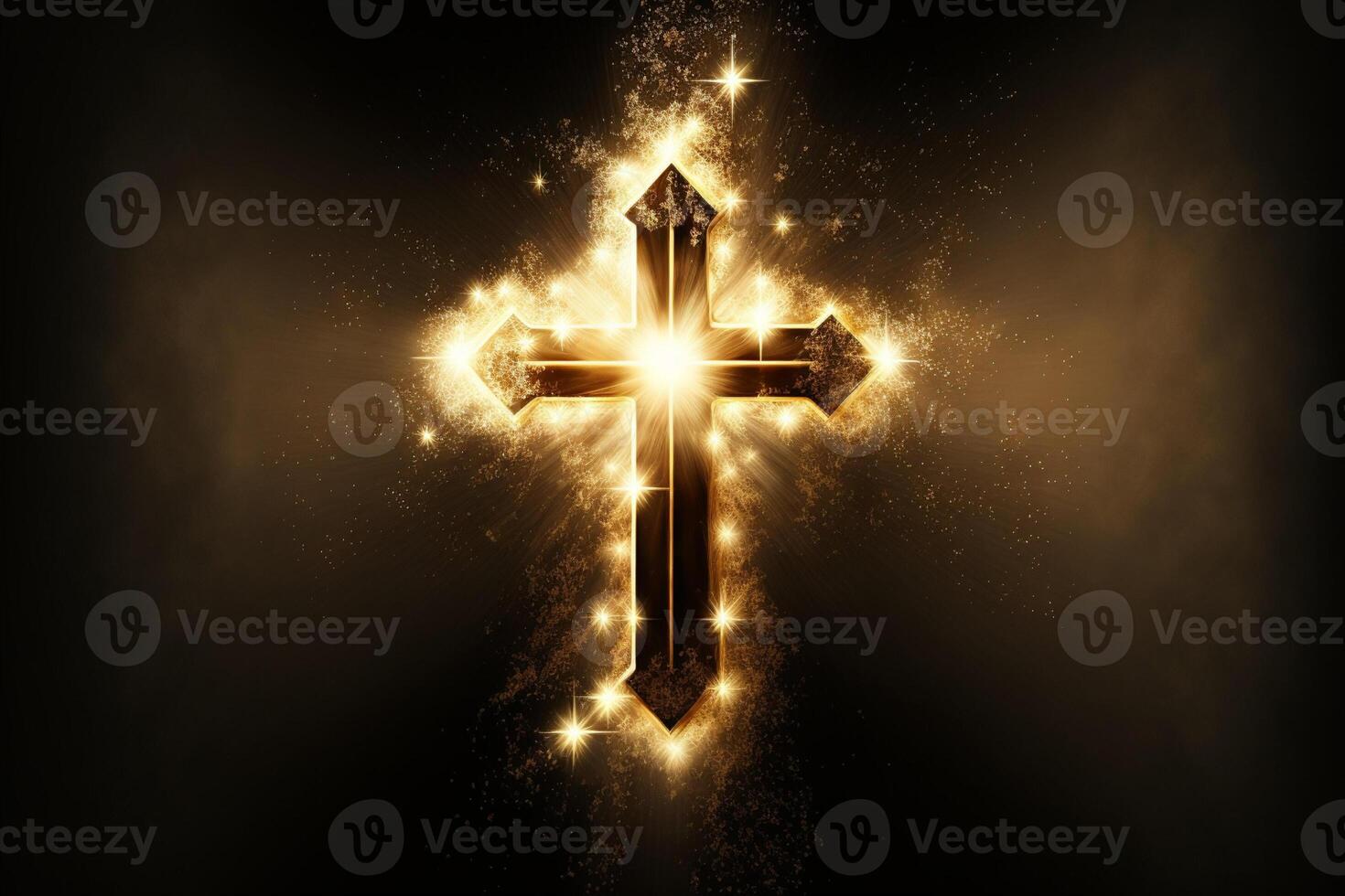 religiös Kreuz im abstrakt Gold funkelt schimmernd. generativ ai foto