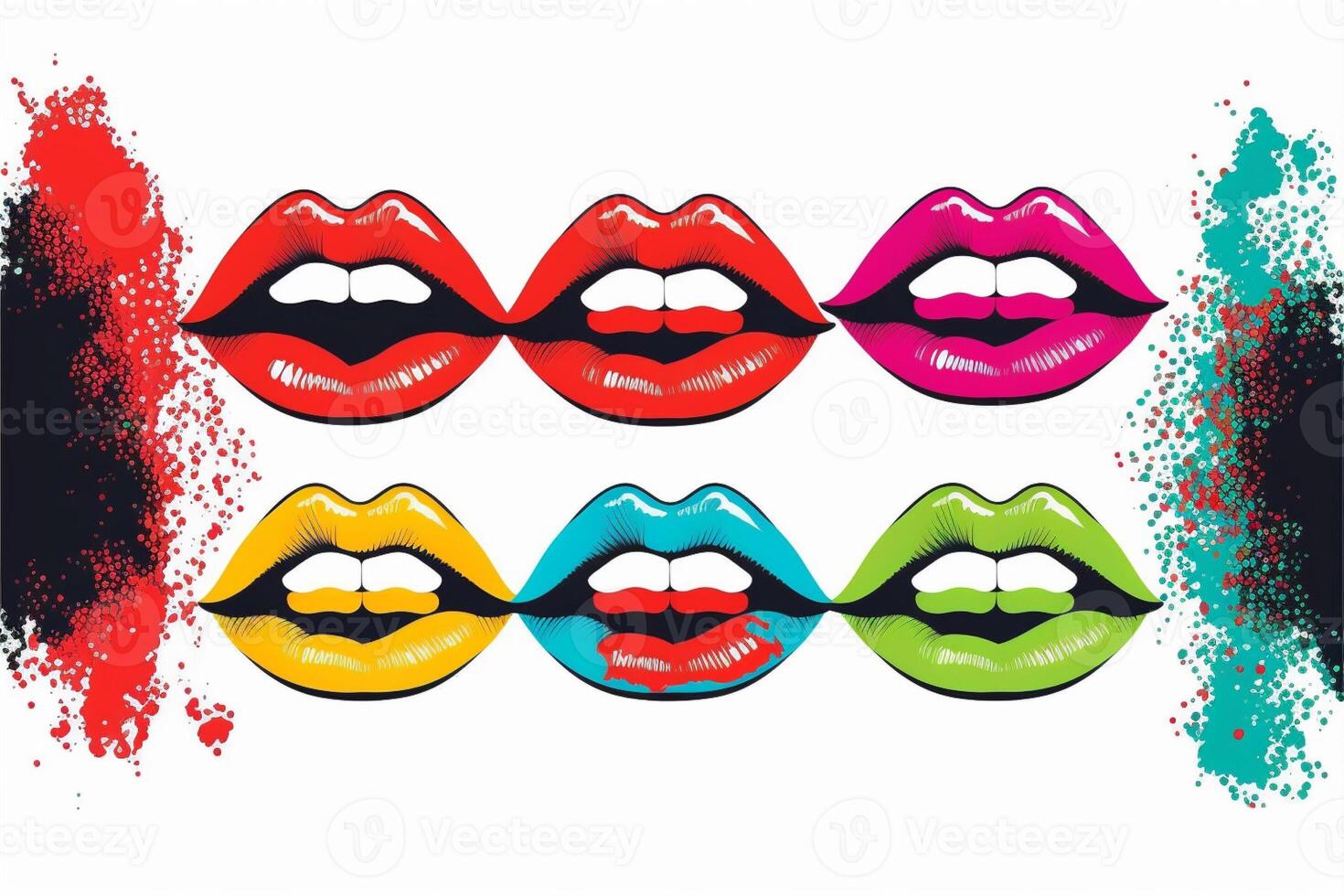 Pop Kunst weiblich Lippen Lippenstift Kuss drucken einstellen auf Weiß. generativ ai foto