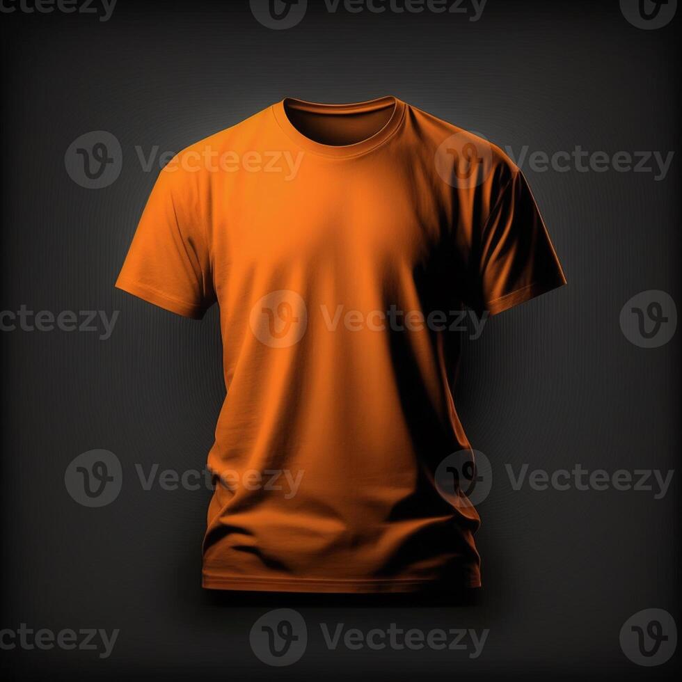 leer Orange T-Shirt Modell, nah oben Orange T-Shirt auf dunkel Hintergrund ,generativ ai foto