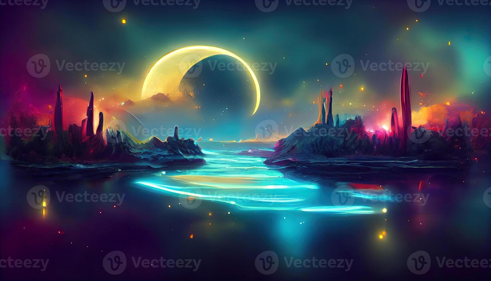 Fantasie Nacht Landschaft mit abstrakt Inseln und Nacht Himmel mit Raum Galaxien. generativ ai foto