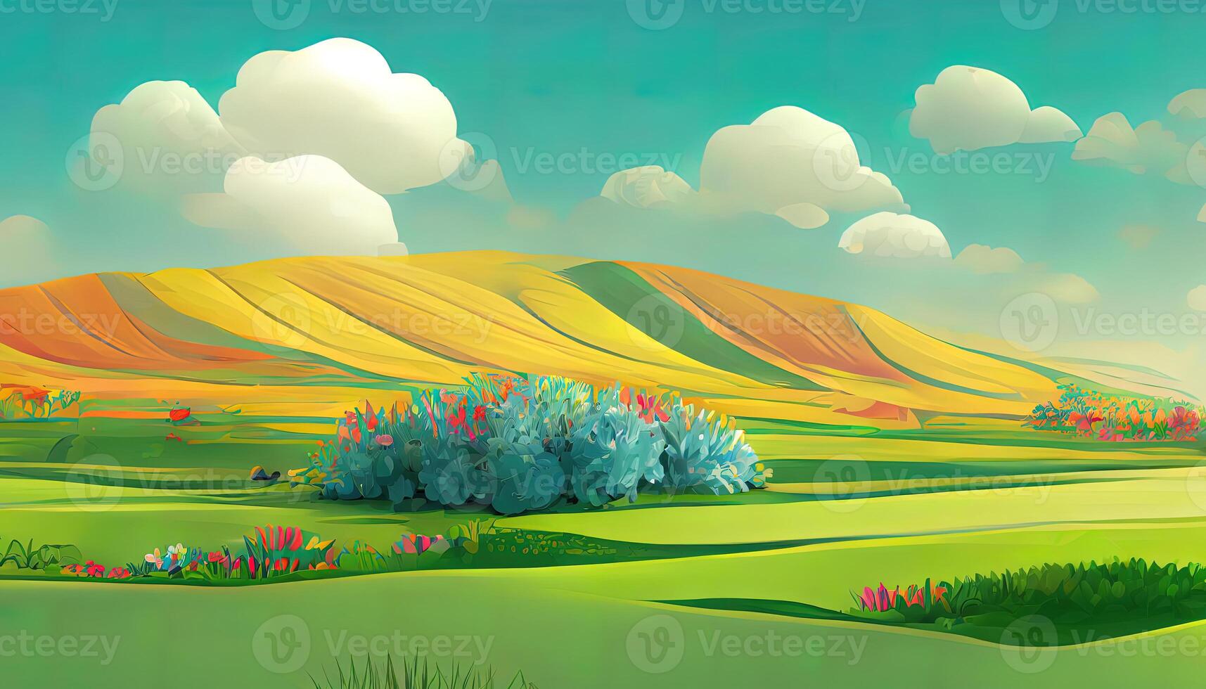 Karikatur Frühling Landschaft. Kunst Illustration, 3d Vektor Hintergrund, detailliert, farbig. generativ ai foto