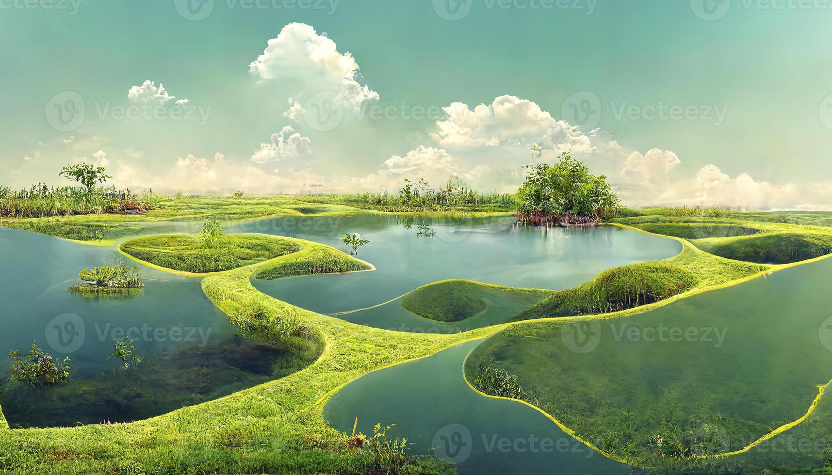 3d Landschaft mit Bäume auf Hügel neben Fluss. generativ ai foto