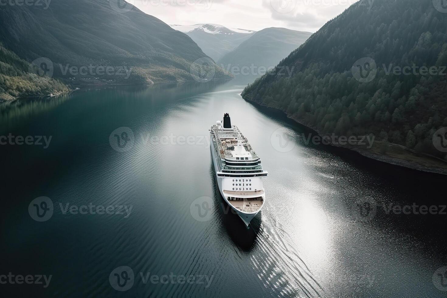 groß Kreuzfahrt Schiff im Fjorde. Tourismus Ferien und Sommer- reisen. generativ ai foto