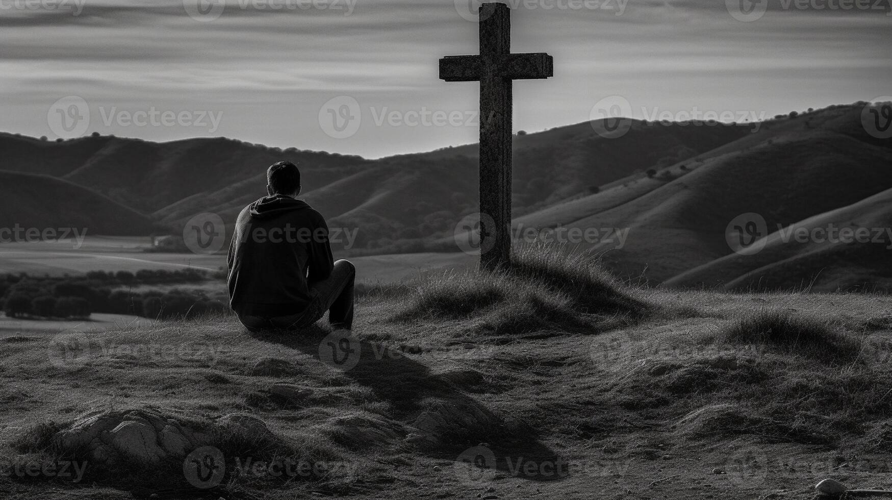 Mann im Vorderseite von ein hölzern Kreuz im das Landschaft. schwarz und Weiß. ai generiert Kunstwerk foto