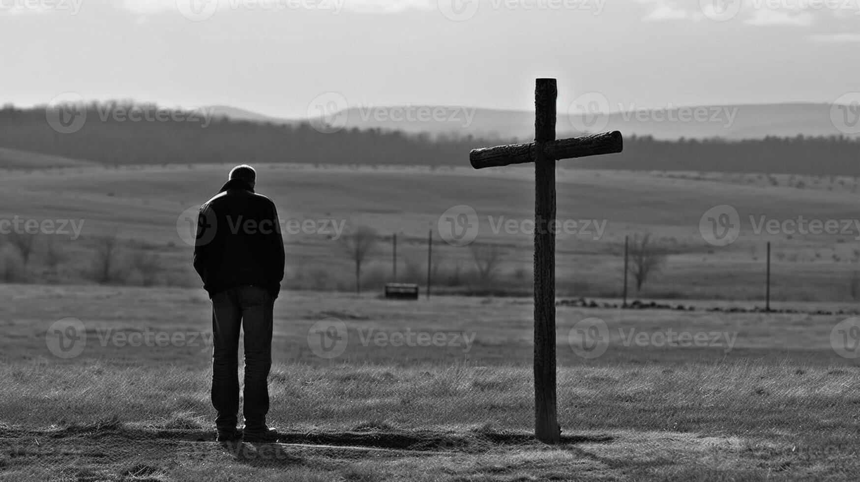 Mann im Vorderseite von ein hölzern Kreuz im das Landschaft. schwarz und Weiß. ai generiert Kunstwerk foto