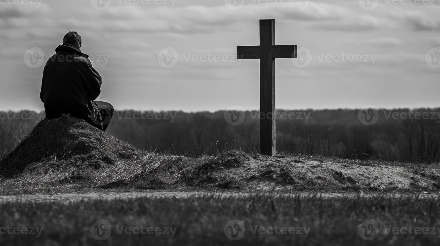 Mann im Vorderseite von ein hölzern Kreuz im das Landschaft. schwarz und Weiß. ai generiert Kunstwerk foto