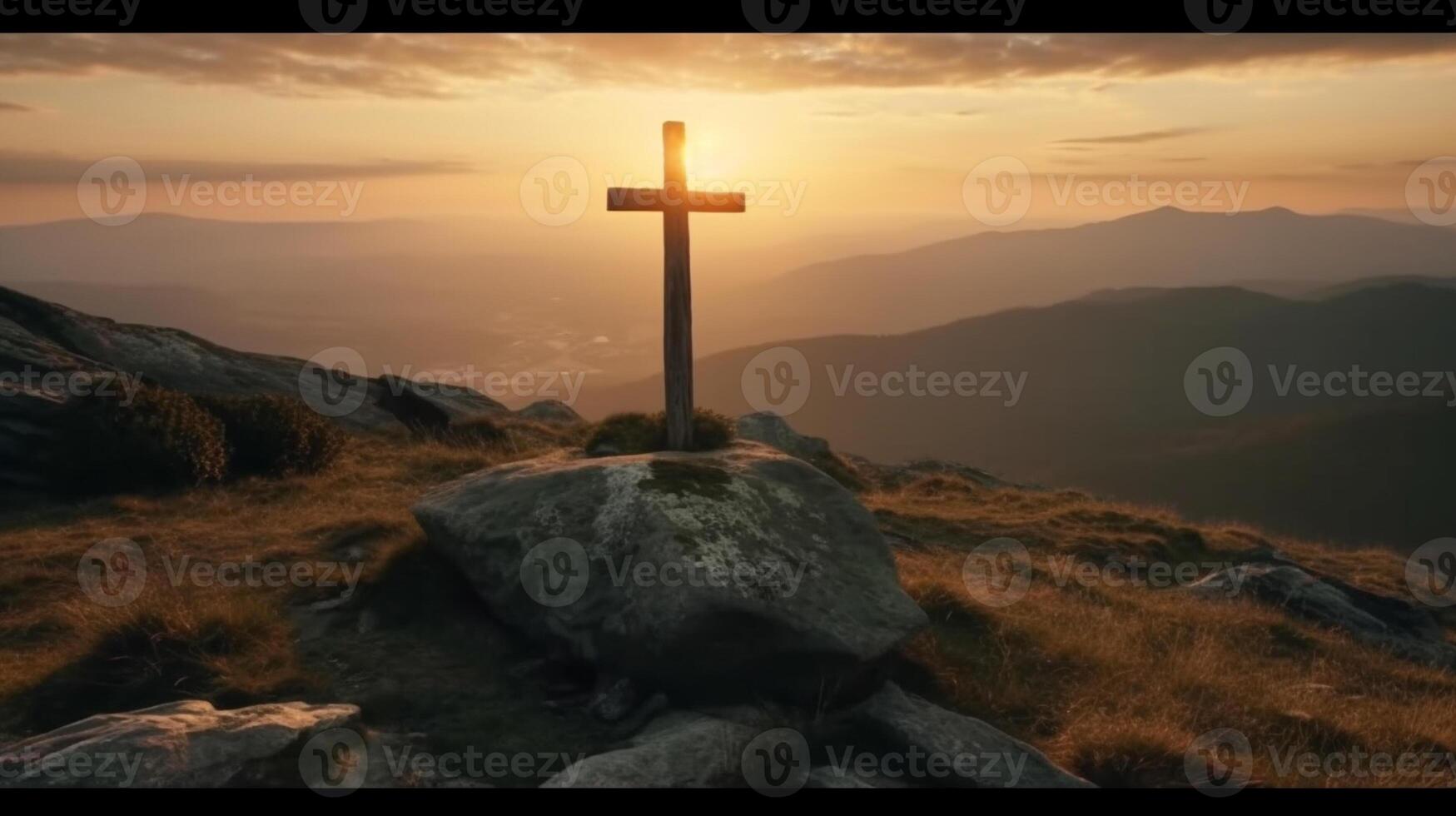 ein hölzern Kreuz auf das oben von Berg . ai generiert Kunstwerk foto