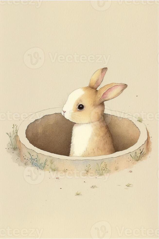 Aquarell Gemälde von ein Hase im ein Loch. generativ ai. foto