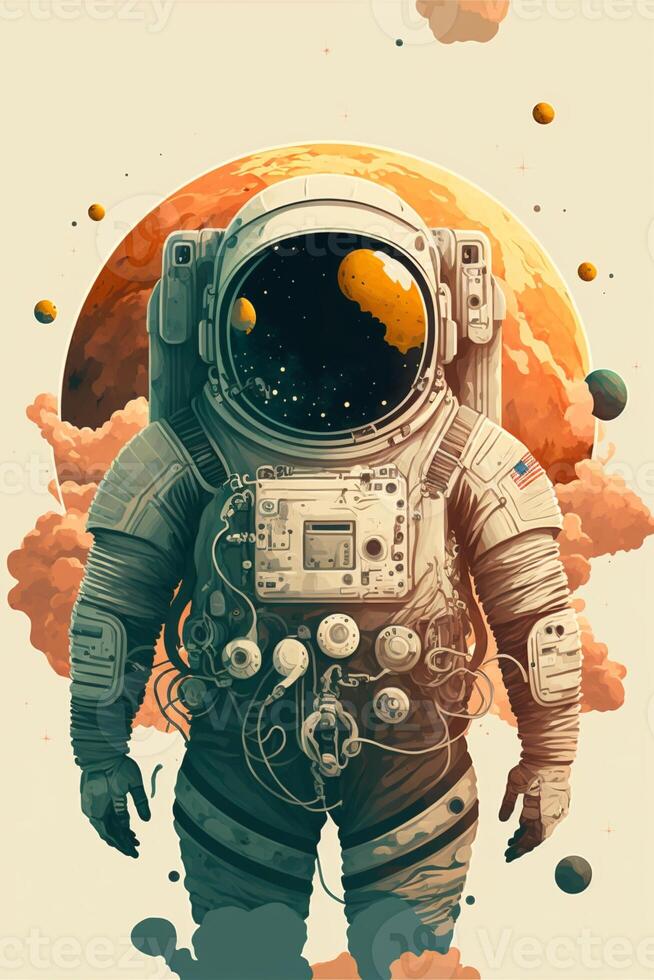 ein Astronaut im ein Raum passen mit Planeten im das Hintergrund. generativ ai. foto