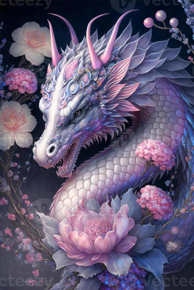 Gemälde von ein Drachen umgeben durch Blumen. generativ ai. foto