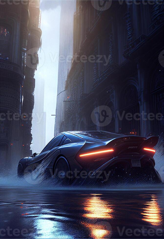 futuristisch Auto Fahren durch ein überflutet Stadt. generativ ai foto