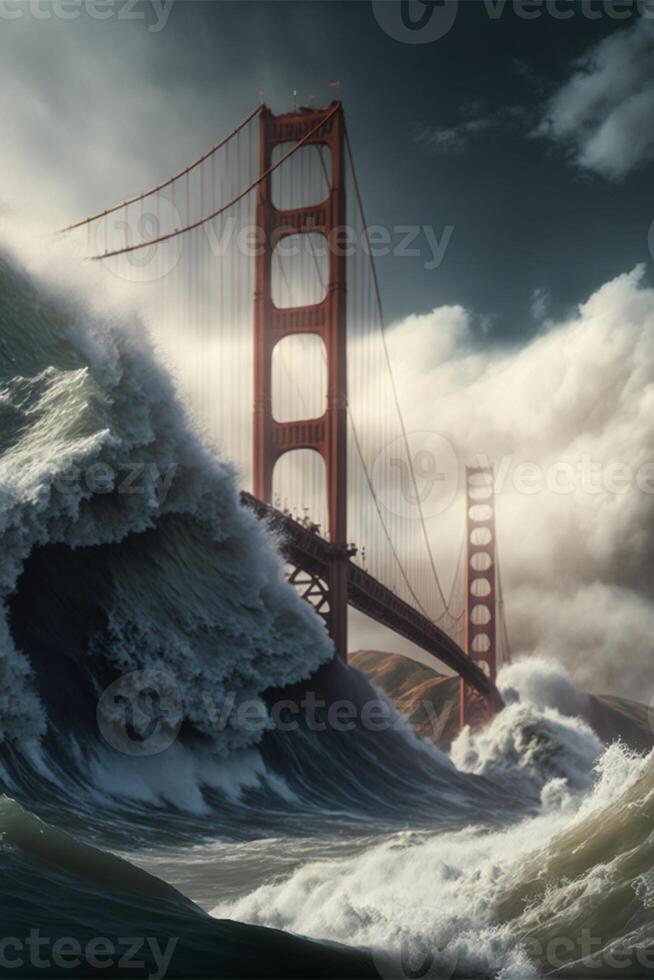 groß Körper von Wasser mit ein Brücke im das Hintergrund. generativ ai. foto